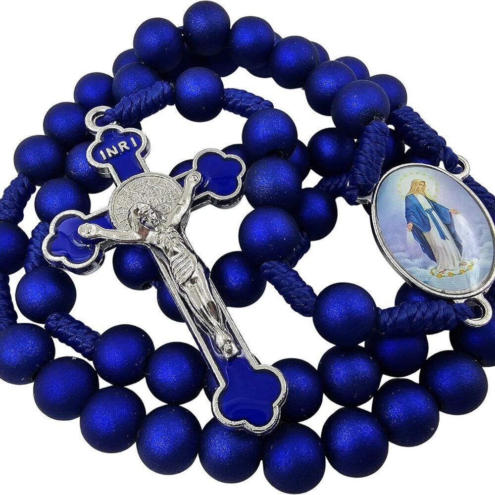 Deep Blue Acrylic Rosary Beads Catholic Prayer Necklace with Crucifix and Medal